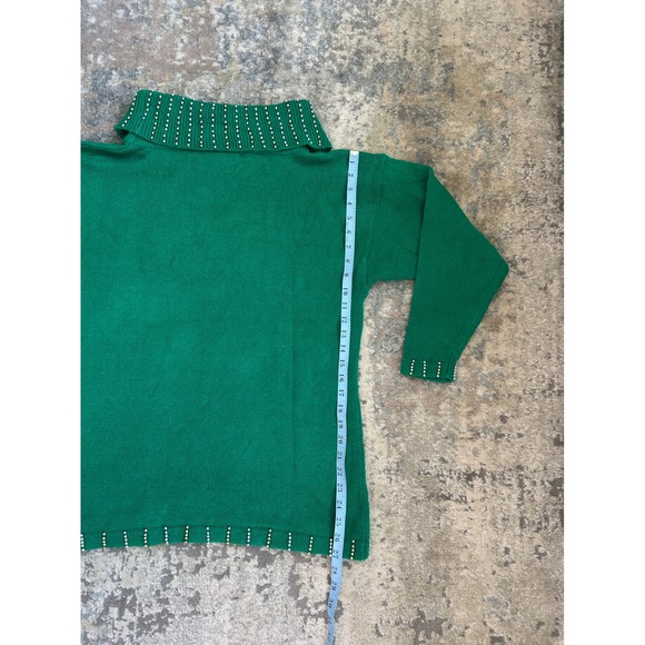 VTG beaded green ugly christmas sweater wide cowl neck ramie cotton L - Picture 5 of 8